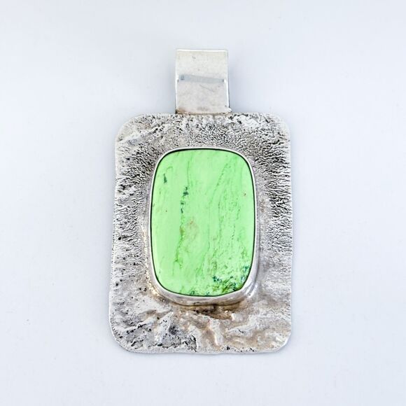 Vintage Artisan Sterling Silver 925 5cm Gaspeite Textured Pendant - Picture 2 of 7